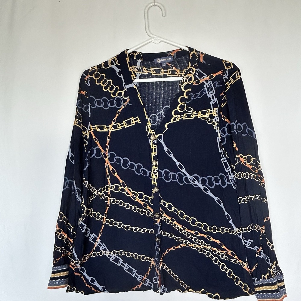 Democracy Women's Shirt Button Down V Neck Navy Blue Chain Small Dressy Classy